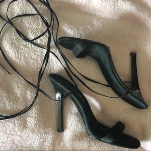 Black strappy, wrap around, dressy heels